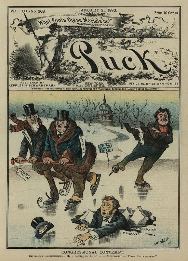 Congressional contempt, by Frederick Burr Opper, in Puck, January 31, 1883, Caption: Republican Congressman "He is howling for help." Monopolist "Throw him a promise!" Source:Library of Congress 2012645443