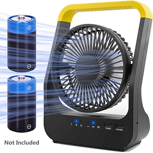 OPOLAR D-Cell Battery Operated Desk Fan with Timer, Portable Camping USB Fan with Strong Airflow, 14-214 Hrs Running Hours, 180° Rotation & 3 Speeds-Blue